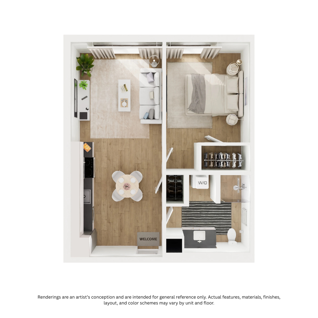 Floor plan for 1 bed, 1 bath, 572 sqft